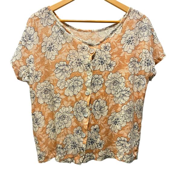 C&C California Top Floral Button Up 100% Linen Orange White Womens Size Medium - Picture 2 of 7